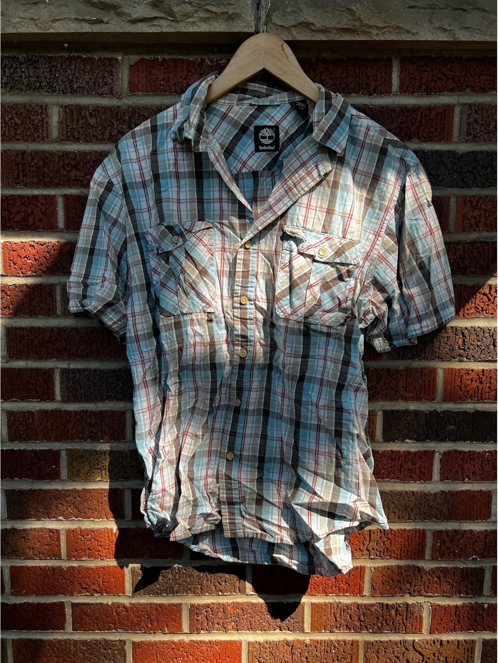 Timberland Light Blue and Gray Plaid Button Down Short Sleeve Shirt